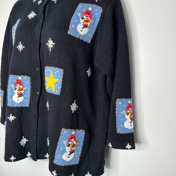 Vtg The Quacker Factory Snowman Cardigan Sweater 1X Black Patchwork Stars - Picture 3 of 7